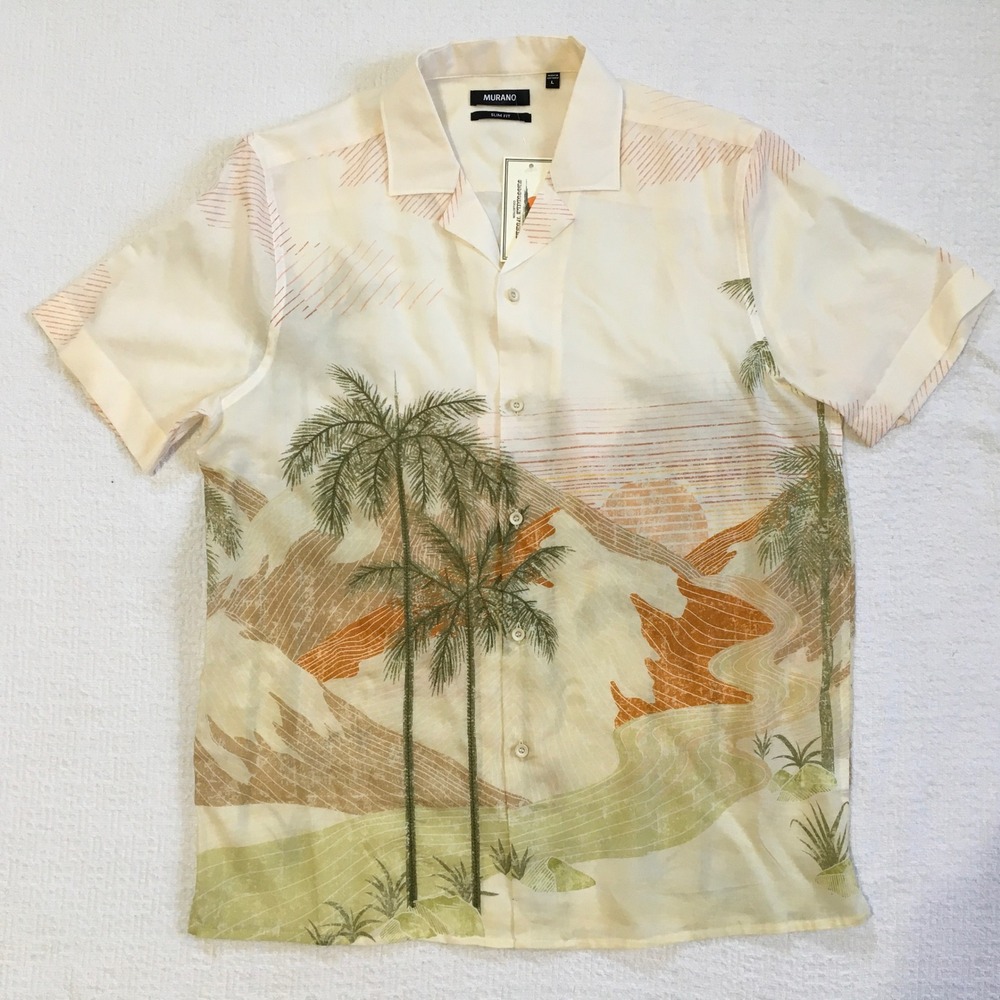 Murano Slim Fit Mens Large Tropical Palm Tree‎ Scenic Linen Blend Shirt NWT